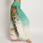 Buddha Stones Cotton Orange Floral Butterfly Pattern Women's Elastic Waist Harem Pants