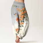 Buddha Stones Cotton Orange Floral Butterfly Pattern Women's Elastic Waist Harem Pants