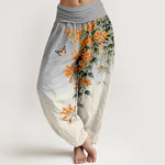 Buddha Stones Cotton Orange Floral Butterfly Pattern Women's Elastic Waist Harem Pants