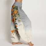 Buddha Stones Cotton Orange Floral Butterfly Pattern Women's Elastic Waist Harem Pants