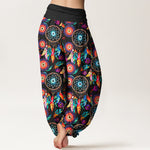 Buddha Stones Cotton Dreamcatcher Feather Pattern Women's Elastic Waist Harem Pants