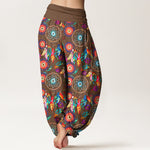 Buddha Stones Cotton Dreamcatcher Feather Pattern Women's Elastic Waist Harem Pants