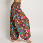 Buddha Stones Cotton Dreamcatcher Feather Pattern Women's Elastic Waist Harem Pants