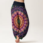 Buddha Stones Pure Cotton Mandala Feather Pattern Women's Elastic Waist Harem Pants