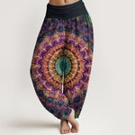 Buddha Stones Pure Cotton Mandala Feather Pattern Women's Elastic Waist Harem Pants