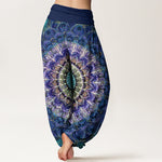 Buddha Stones Pure Cotton Mandala Feather Pattern Women's Elastic Waist Harem Pants