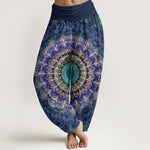 Buddha Stones Pure Cotton Mandala Feather Pattern Women's Elastic Waist Harem Pants