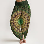 Buddha Stones Pure Cotton Mandala Feather Pattern Women's Elastic Waist Harem Pants