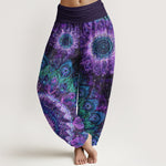 Buddha Stones Cotton Peacock Feather Pattern Women's Elastic Waist Harem Pants