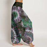Buddha Stones Cotton Peacock Feather Pattern Women's Elastic Waist Harem Pants