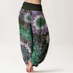 Buddha Stones Cotton Peacock Feather Pattern Women's Elastic Waist Harem Pants
