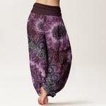 Buddha Stones Cotton Peacock Feather Pattern Women's Elastic Waist Harem Pants