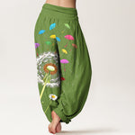 Buddha Stones Pure Cotton Dandelion Bloom Pattern Women's Elastic Waist Harem Pants