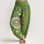 Buddha Stones Pure Cotton Dandelion Bloom Pattern Women's Elastic Waist Harem Pants