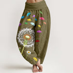 Buddha Stones Pure Cotton Dandelion Bloom Pattern Women's Elastic Waist Harem Pants