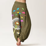 Buddha Stones Pure Cotton Dandelion Bloom Pattern Women's Elastic Waist Harem Pants