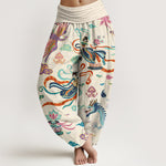 Buddha Stones Cotton Dragon Phoenix Lotus Pattern Women's Elastic Waist Harem Pants