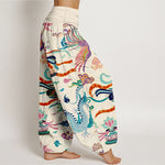 Buddha Stones Cotton Dragon Phoenix Lotus Pattern Women's Elastic Waist Harem Pants
