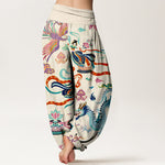 Buddha Stones Cotton Dragon Phoenix Lotus Pattern Women's Elastic Waist Harem Pants