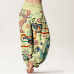 Buddha Stones Cotton Dragon Phoenix Lotus Pattern Women's Elastic Waist Harem Pants