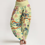Buddha Stones Cotton Dragon Phoenix Lotus Pattern Women's Elastic Waist Harem Pants