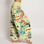 Buddha Stones Cotton Dragon Phoenix Lotus Pattern Women's Elastic Waist Harem Pants