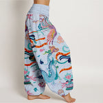 Buddha Stones Cotton Dragon Phoenix Lotus Pattern Women's Elastic Waist Harem Pants