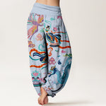 Buddha Stones Cotton Dragon Phoenix Lotus Pattern Women's Elastic Waist Harem Pants