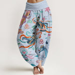 Buddha Stones Cotton Dragon Phoenix Lotus Pattern Women's Elastic Waist Harem Pants