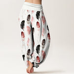 Buddha Stones Pure Cotton Feather Pattern Women's Elastic Waist Harem Pants