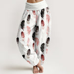 Buddha Stones Pure Cotton Feather Pattern Women's Elastic Waist Harem Pants