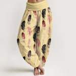 Buddha Stones Pure Cotton Feather Pattern Women's Elastic Waist Harem Pants