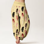 Buddha Stones Pure Cotton Feather Pattern Women's Elastic Waist Harem Pants