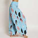 Buddha Stones Pure Cotton Feather Pattern Women's Elastic Waist Harem Pants