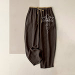 Buddha Stones Pure Cotton Zen Lotus Pattern Women's Elastic Waist Pants With Pockets