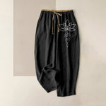 Buddha Stones Pure Cotton Zen Lotus Pattern Women's Elastic Waist Pants With Pockets