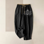 Buddha Stones Pure Cotton Lotus Pattern Women's Elastic Waist Pants With Pockets