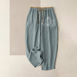 Buddha Stones Pure Cotton Lotus Pattern Women's Elastic Waist Pants With Pockets