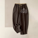 Buddha Stones Pure Cotton Lotus Pattern Women's Elastic Waist Pants With Pockets