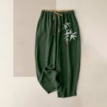 Buddha Stones Pure Cotton Zen White Bamboo Pattern Women's Elastic Waist Pants With Pockets