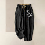 Buddha Stones Pure Cotton Zen White Bamboo Pattern Women's Elastic Waist Pants With Pockets