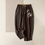 Buddha Stones Pure Cotton Zen White Bamboo Pattern Women's Elastic Waist Pants With Pockets