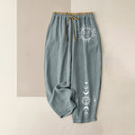 Buddha Stones Pure Cotton Celestial Sun Moon & Star Pattern Women's Elastic Waist Pants With Pockets