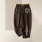 Buddha Stones Pure Cotton Celestial Sun Moon & Star Pattern Women's Elastic Waist Pants With Pockets