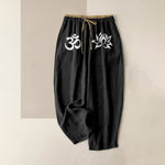 Buddha Stones Pure Cotton White OM And Lotus Pattern Women's Elastic Waist Pants With Pockets