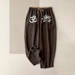 Buddha Stones Pure Cotton White OM And Lotus Pattern Women's Elastic Waist Pants With Pockets