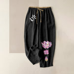 Buddha Stones Pure Cotton OM Pink Lotus Pattern Women's Elastic Waist Pants With Pockets
