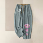 Buddha Stones Pure Cotton OM Pink Lotus Pattern Women's Elastic Waist Pants With Pockets