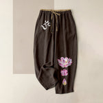 Buddha Stones Pure Cotton OM Pink Lotus Pattern Women's Elastic Waist Pants With Pockets