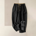 Buddha Stones Pure Cotton Whimsical Cat Pattern Women's Elastic Waist Pants With Pockets